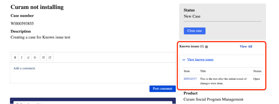 This images shows the Case Page, where the known issues are displayed at the side of the page